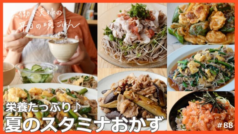【平日５日間の晩ごはん＃88】栄養たっぷり♪スタミナおかず(もやし豚ニラたま／豚しゃぶ梅大葉そば／ささみピーマン炒／サーモン漬丼／豚バラと茄子のスタミナ炒／料理動画／#japanesefood)