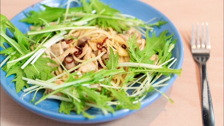 水菜と鳥もも肉のパスタ