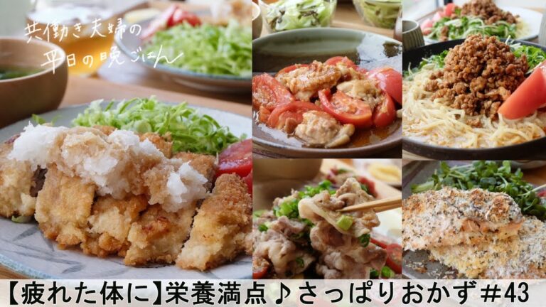 【平日５日間の晩ごはん＃43】栄養満点♪さっぱりおかず(おろしミルフィーユ豚カツ／鶏肉とトマトのにんにく炒め／サーモンのパン粉焼き／アボカドとトマトの彩り冷しゃぶ／冷やし担々麺／料理動画／管理栄養士)