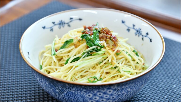 水菜と梅の極み和風パスタ　東海学園大学　コラボレシピ　みのカンタンクッキング011　ミノカンの極み！ゴハンを使用したアレンジレシピ　簡単で美味しく楽しい逸品