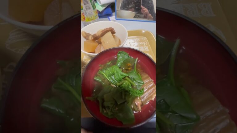 晩御飯　ほうれん草と白菜の味噌汁、豚バラ大根、生卵御飯
