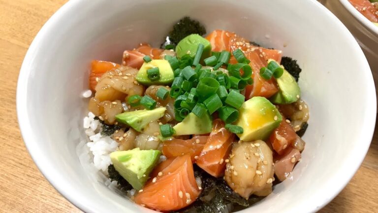 【訳ありホタテ】サーモンとホタテのポキ丼の作り方/Salmon and scallop poke bowl