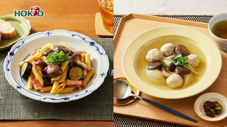【9月】霜降りひらたけレシピ　なすの秋パスタ／鶏つくねの旨塩スープ