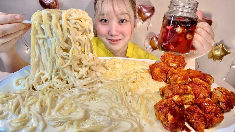 ASMR チーズクリームパスタ 激辛ブルダックチキン Cheese Cream Pasta Spicy Chicken【日本語字幕】【咀嚼音/ Mukbang/ Eating Sounds】