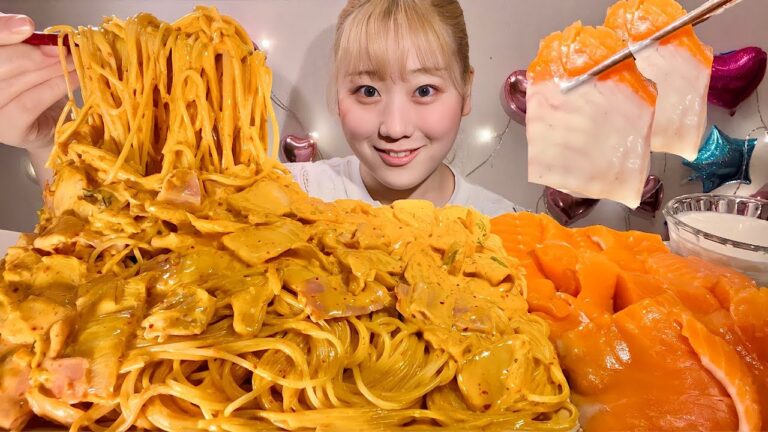 ASMR キムチクリームパスタ サーモン Kimchi Cream Pasta and Salmon【日本語字幕】【咀嚼音/ Mukbang/ Eating Sounds】
