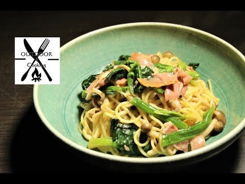 【ワンパン】簡単！水漬けパスタでキノコとちぢみほうれん草のバター醤油の和風パスタ【水漬けパスタ】