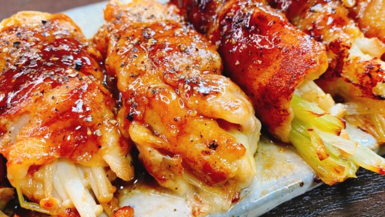 【絶品おつまみ】ただ巻いて焼くだけで超旨い！ソースも鬼ウマ♪『えのきとネギの豚チーズ巻き』Enoki Pork Cheese roll Black pepper sauce 팽이버섯 金针菇 低糖質
