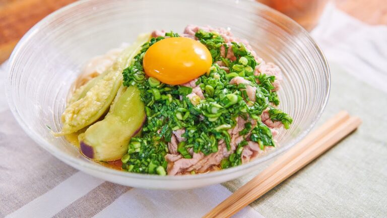 なすと豚しゃぶのニラたまそうめん