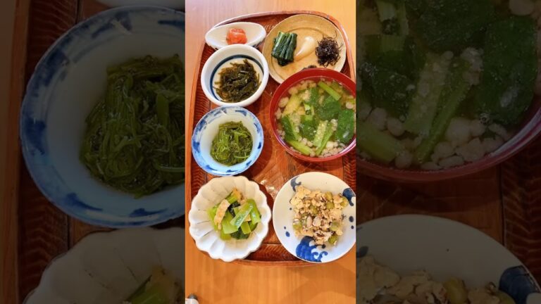炒り豆腐、油揚げと小松菜の炊き合わせ、めかぶの酢の物、切り昆布の炒り煮、めんたいこ、広島菜、昆布の佃煮、たまり漬2品、メシ、小松菜と揚げ玉の味噌汁で朝食　#Shorts