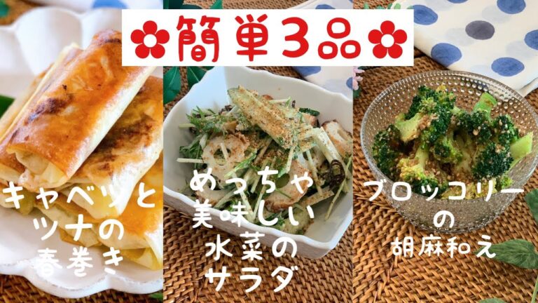 【料理動画】♡簡単料理3品♡キャベツとツナの春巻き&水菜のサラダ&ブロッコリーの胡麻和え