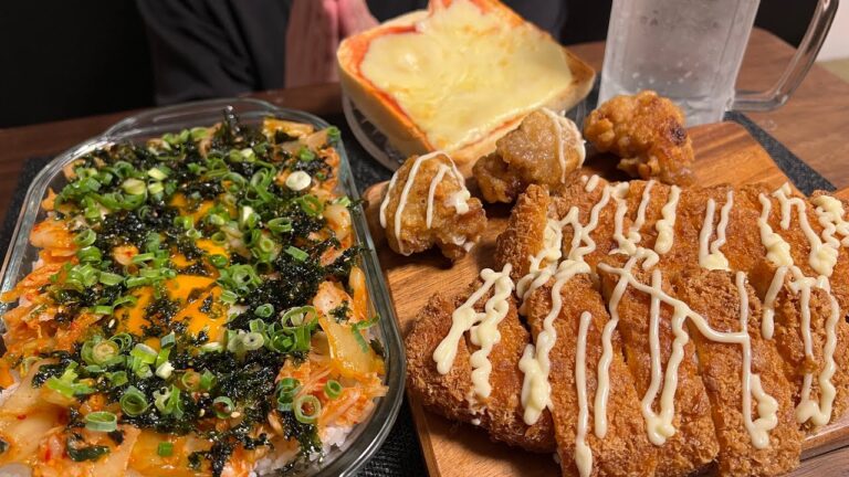 【咀嚼音】男の欲望フルセットを食べる！韓国海苔キムチ丼,唐揚げ,チキンカツ.ピザトースト　Eating Sounds/ASMR/Mukbang