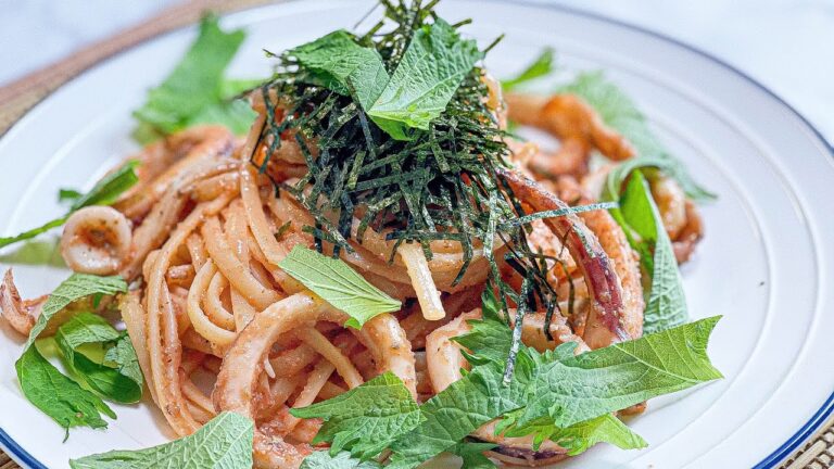 【スルメイカと明太子のスパゲッティ】明太子パスタ【おつまみメニュー】【スルメイカ】【大葉レシピ】【和風パスタ】