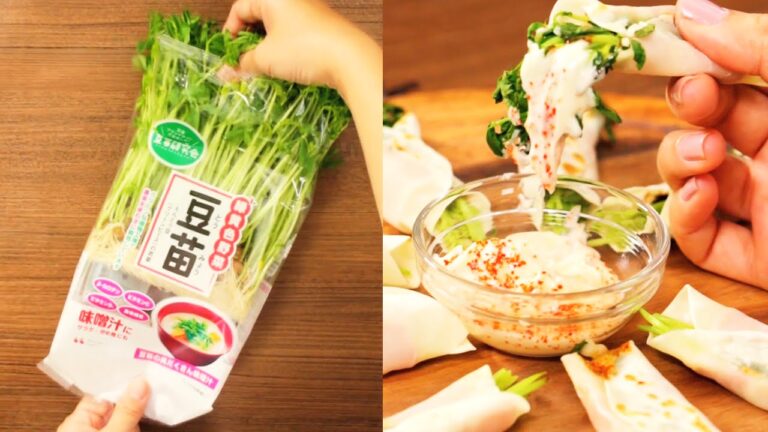 餃子の皮で巻いた豆苗とベーコン焼き