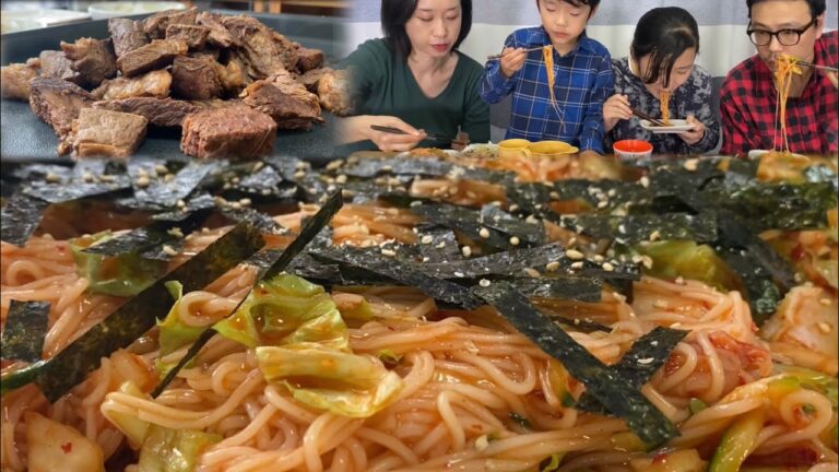 [ファミリーモッバン]韓国のキムチビビンそうめん＆牛肩ロースステーキ！美味しくてほとんどしゃべらなかったな～ｗｗｗ