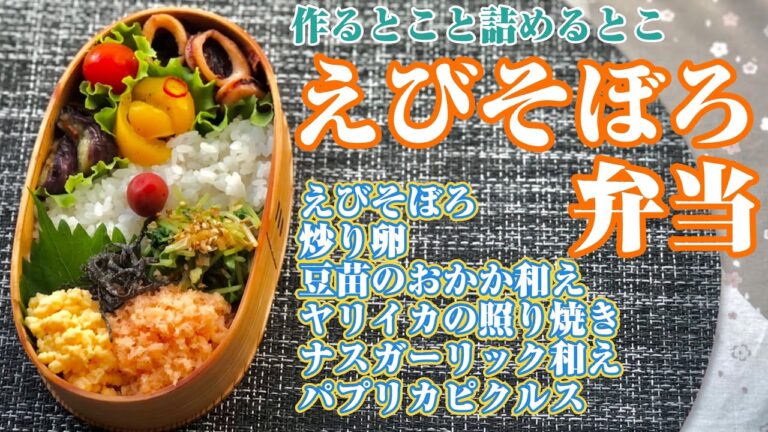 えびそぼろ弁当～炒り卵、豆苗おかか、ヤリイカ照り焼き、ナスガーリック