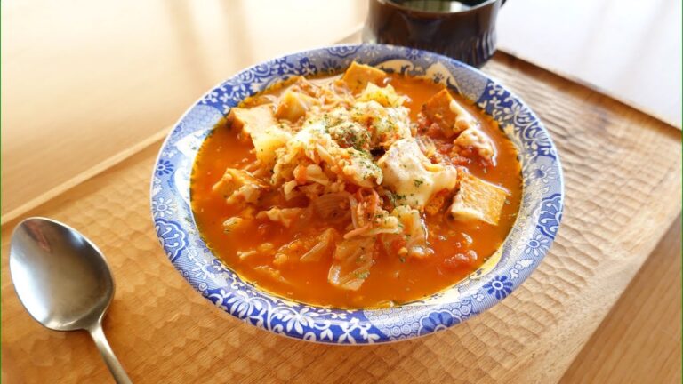 もち麦と厚揚げ　キャベツのトマトチーズスープ Tomato soup Deep fried tofu Soy meat