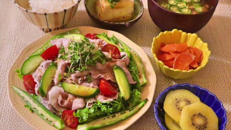 【料理】冷しゃぶサラダ・揚げ出し豆腐・オクラとなめこの味噌汁・人参のめんつゆマヨ和え