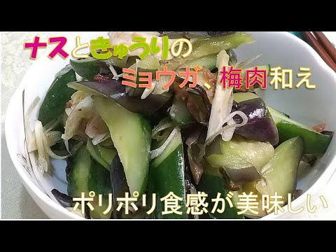 ナス、きゅうりのミョウガ、梅肉和え。　　食欲のない日、さっぱりと、ご飯のお供に。　ポリポリと止まらない味。