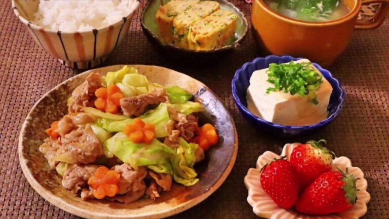 【料理】回鍋肉風肉野菜炒め・大根と青梗菜の中華スープ・紅生姜とネギの卵焼き