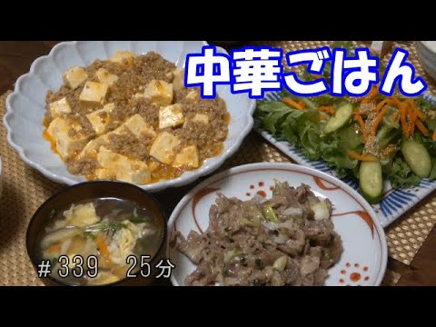 【晩ごはん】麻婆豆腐 豚肉のネギ塩炒め 中華スープ チョレギ風サラダ