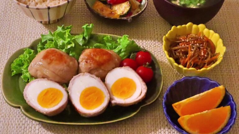 【料理】ゆで卵の肉巻き・オクラの味噌汁・パプリカとズッキーニのチーズ焼き