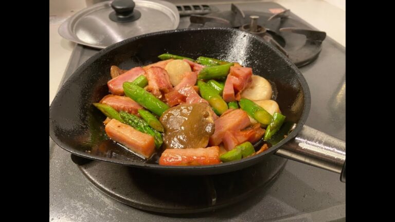 エリンギ、アスパラとベーコンのバター醤油炒め