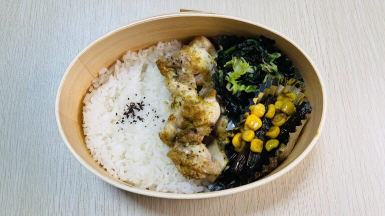 鶏肉のカレー焼き、磯香和え、ふきの洋風炒め