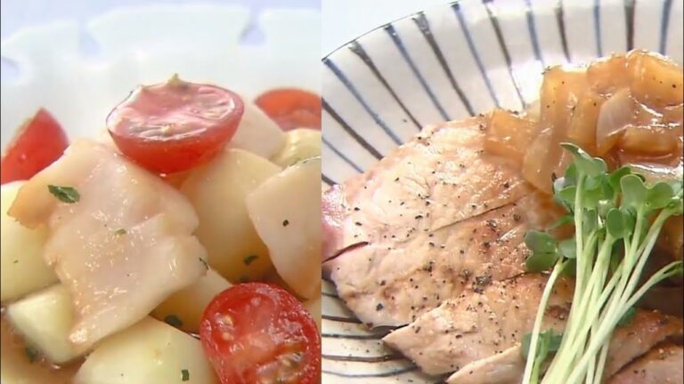 新玉ねぎと豚肉の生しょうゆ焼き & ほたて貝柱ポテトサラダ