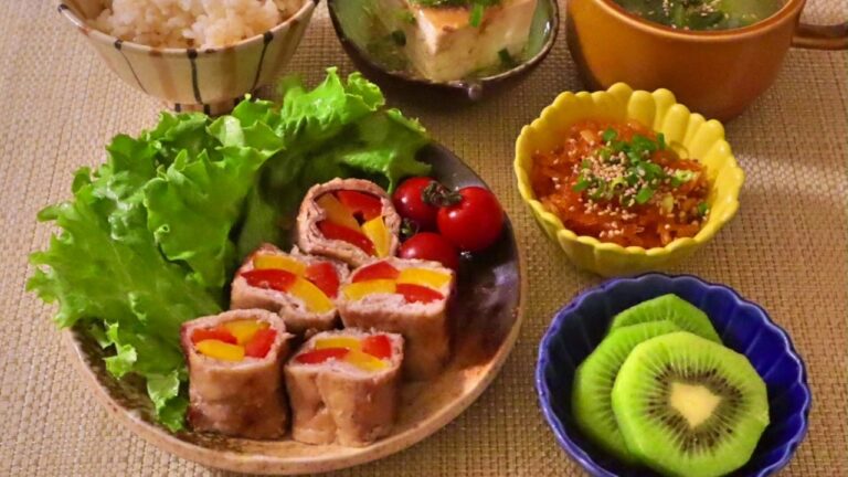 【料理】パプリカの肉巻き・青梗菜とネギの中華スープ・春雨のケチャップ炒め