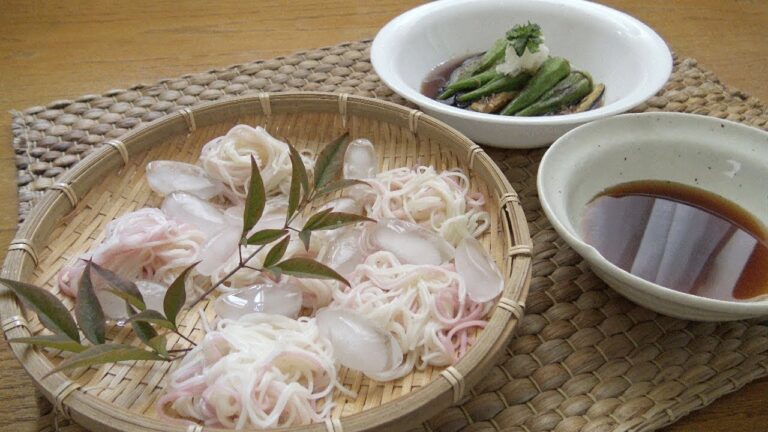 油少なめ！夏野菜の揚げ焼きびたし＆手延べそうめん Fried vegetable in mentsuyu with Tenobe somen noodle
