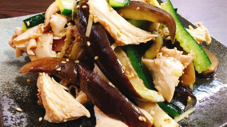 レンジで簡単おつまみ‼ パサつかない『しっとり柔らか鶏むね肉とナスとキュウリのさっぱりポン酢和え』