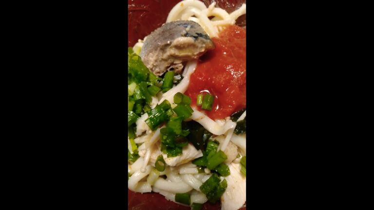 #159 鶏肉+小葱+えのき+トマト+わかめ+鯖+うどん