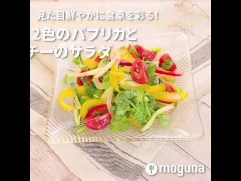 見た目鮮やかに食卓を彩る！ 2色のパプリカとパクチーのサラダ ｜ moguna[モグナ]