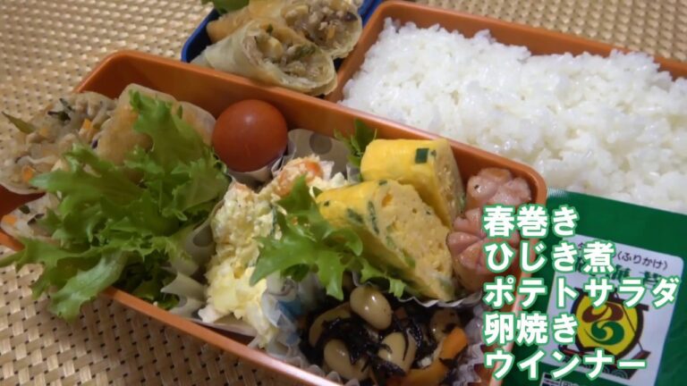 【お弁当】春巻き ひじき煮 ポテトサラダ 卵焼き ウインナー【Obento】