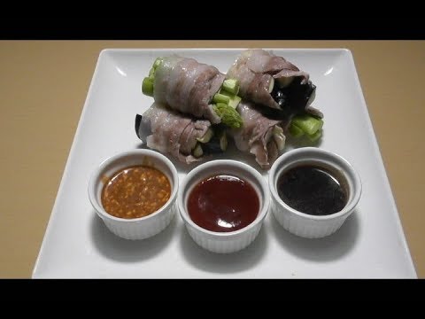 お手軽レンジで加熱　豚バラの野菜巻きと三種類の簡単ソース