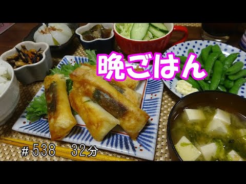 【晩ごはん】春巻き スナップエンドウ 新玉ねぎバターのせ　サラダ お味噌汁　ひじきの煮物