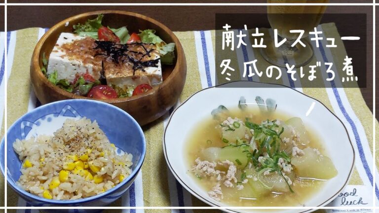 【4倍速】忙しい人への献立提案。冬瓜のそぼろ煮、トウモロコシごはん、豆腐サラダ