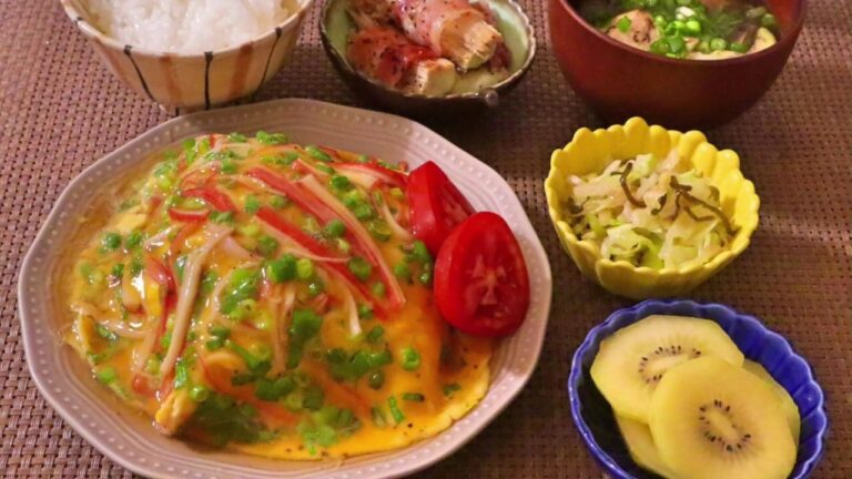 【料理】かに玉キャベツの甘酢あん・えのきのベーコン巻き・ナスの味噌汁