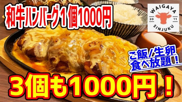 【大行列ランチ】売り切れ必至！黒毛和牛ハンバーグが３個１０００円でご飯も生卵も食べ放題のコスパ最強ランチがこちらです！【和牛ホルモンWAIGAYA/東京・新宿】