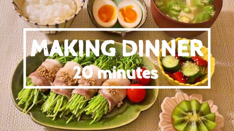 【料理】豆苗の豚バラ巻き・豆腐とオクラの味噌汁・キウイの飾り切り