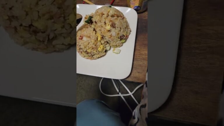 豚肉、卵、カニかま、ネギ、オイスターソース、マヨネーズ、塩胡椒でチャーハン作ってみた🎵