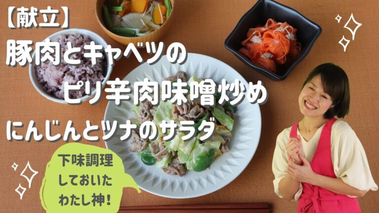 【下味調理】【下味冷凍】【献立】豚肉とキャベツのピリ辛肉味噌炒め_にんじんとツナのサラダ