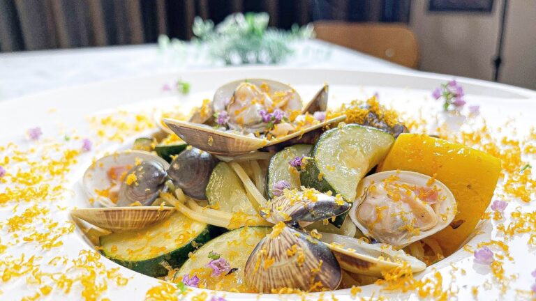 【ハマグリとズッキーニのレモンスパゲッティ】旨味に旨味を足した夏パスタ【レモンパスタ】【ハマグリレシピ】【カラスミ】