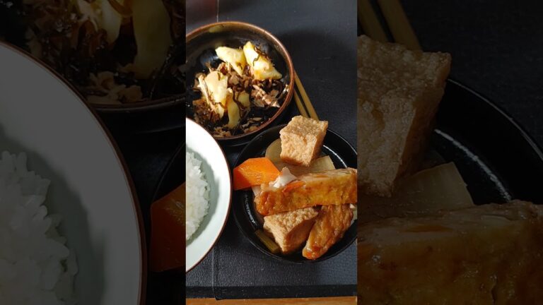 大根と厚揚げ煮物とじゃがいもとツナと塩昆布であえたおかずです。煮物は味が染み込むように鍋にしばらく置いたものです。