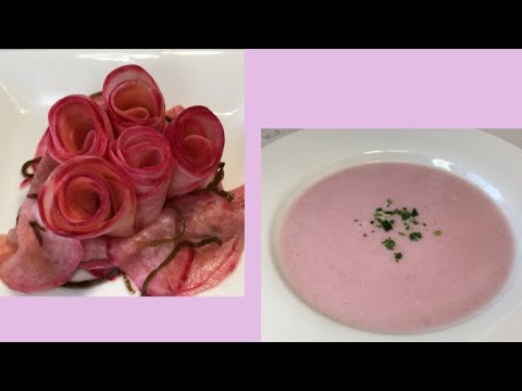 【赤カブの塩昆布酢漬け＆赤カブのポタージュ】ピンク色で可愛いお料理になる赤カブ。お漬物もポタージュもどちらも美味しい♪
