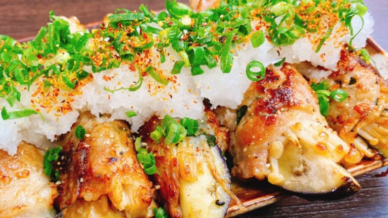 【絶品おつまみ】ただ巻いて焼くだけで超旨い!!『おろしネギたっぷり♪えのきと茄子の豚シソ巻き』“Eggplant Enoki Pork shiso roll”【糖質制限／低糖質レシピ】