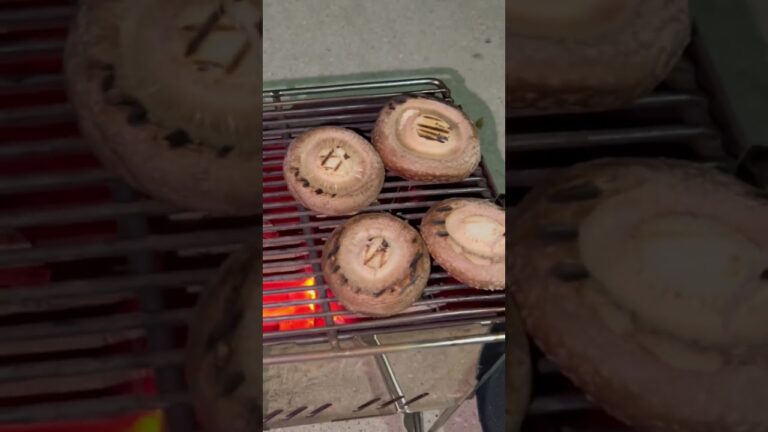 椎茸の炭火焼き。藻塩と醤油で味わう。 #車庫キャンプ #キャンプ飯 #キャンプ