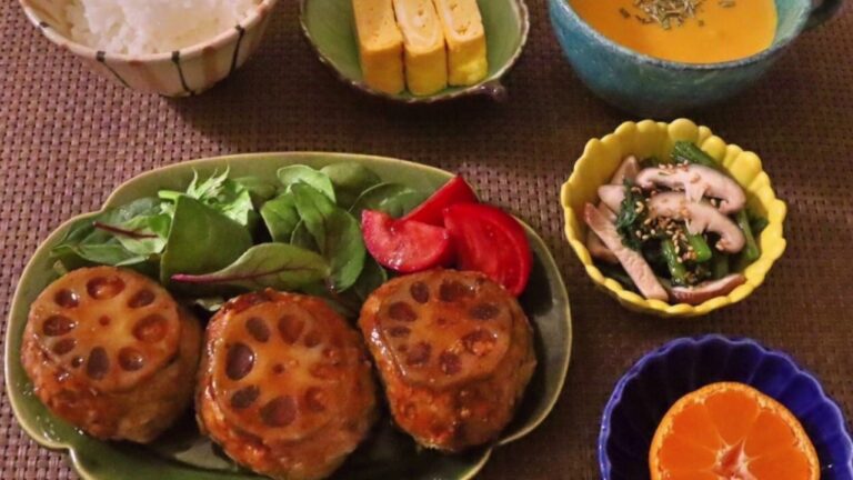 【料理】れんこんハンバーグ・人参ポタージュ・玉子焼き