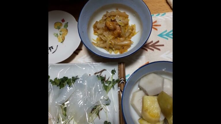 20220218 172247　「我が家の夕食」はヤリイカの作り・里芋と薩摩芋の煮物・白菜のペペロンチーノです。