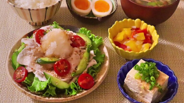 【料理】冷しゃぶサラダ・オクラとなめこの味噌汁・パプリカのマリネ